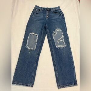 High rise distressed buttoned up straight leg jeans 
(#24)